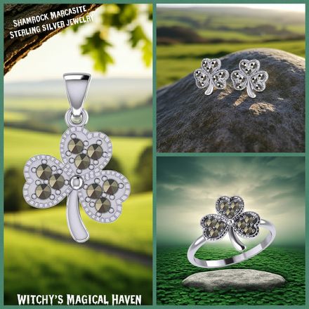 Celtic Irish Shamrock Marcasite Sterling Silver Pendant and Earrings Set and Ring Sizes 7 and 8