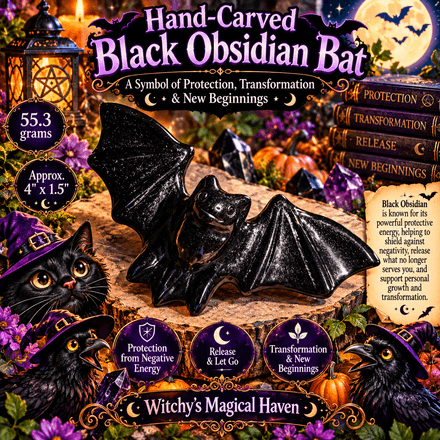 Hand Carved Black Obsidian Bat