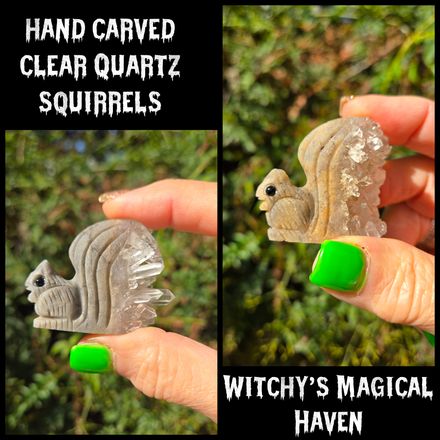 Hand Carved Clear Quartz Squirrels with Quartz Crystal Point Tails