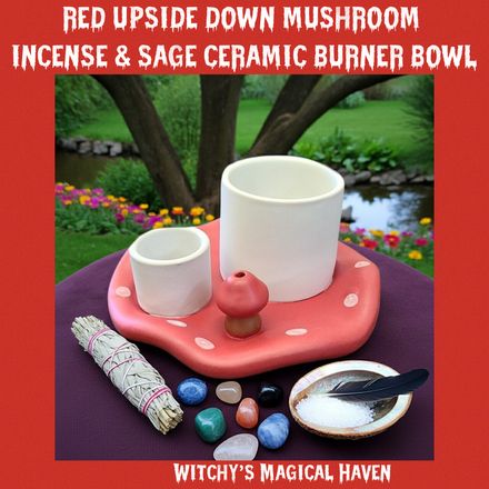 Red Upside-Down Mushroom Ceramic Sage and Incense Burner