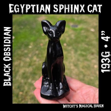 Hand-Carved Black Obsidian Sphinx Cat Figurine