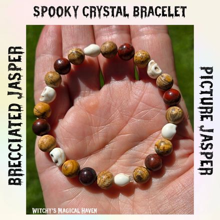 Brecciated and Picture Jasper Skull Spook Gemstone Beaded Bracelet