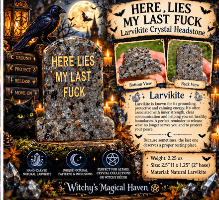 Larvikite “Here Lies My Last Fuck” Hand-Carved Crystal Headstone