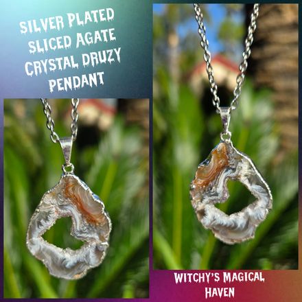 Silver-Plated Sliced Agate with Open Crystalized Druzy Center Pendant