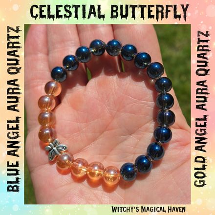 Blue Angel Aura Quartz, Gold Aura Angel Quartz Gemstone Butterfly Bracelet