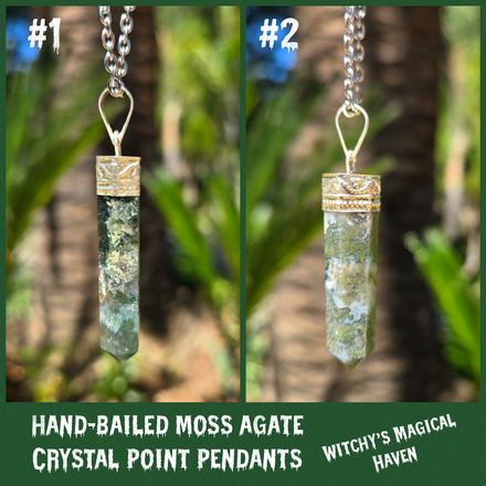 Hand-Bailed Moss Agate Crystal Point Pendants with Tiny Druzies