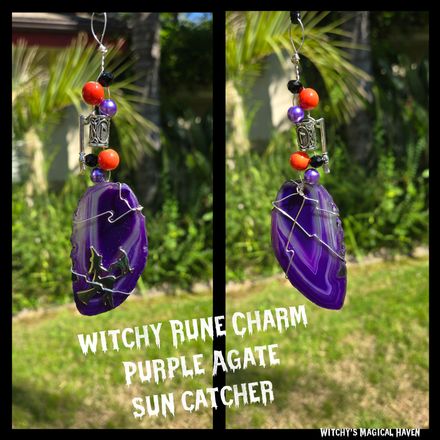 Purple Agate Flying Witch Cat Rune Window Suncatcher
