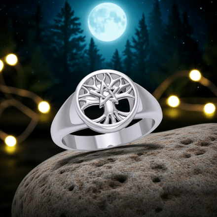 Celtic Tree of Life with Pentacle Sterling Silver Ring, Sizes 8 and 9