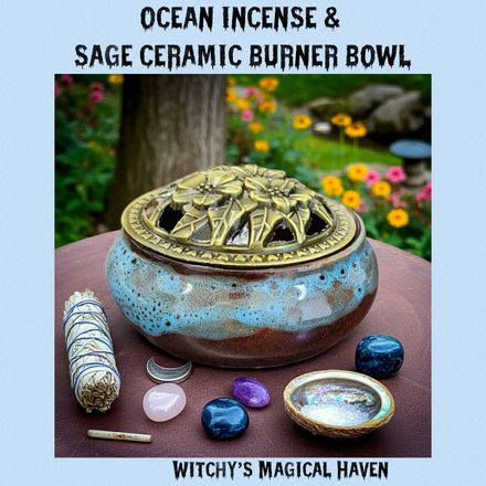 Ocean Ceramic Incense &amp; Sage Burner Bowl with Floral Lid