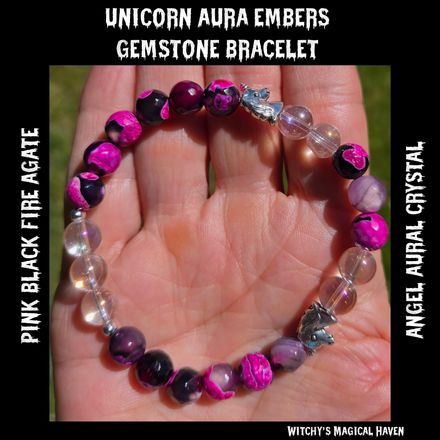 Pink, Black Fire Agate, Angel Aura Quartz Unicorn Aura Embers Bracelet