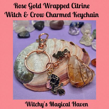 Raw Citrine Wire Wrapped Crow and Witch Keychain Accessory