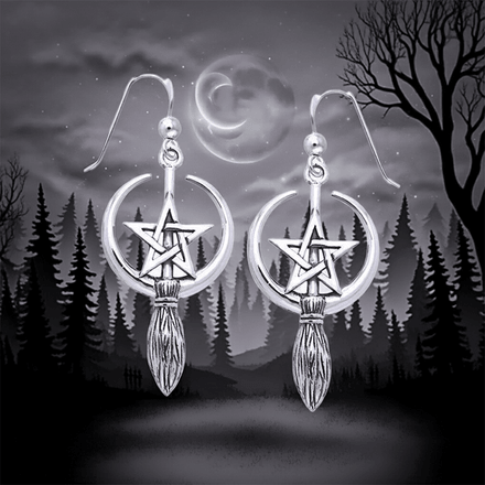 Moon, Pentacle and Broom Sterling Silver Earrings