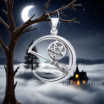 Crescent Moon Witch Broom Pentacle Sterling Silver Pendant