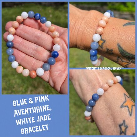 Gentle Harmony, Blue &amp; Pink Aventurine, White Jade Bracelet