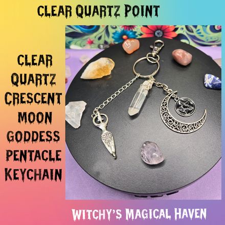 Clear Quartz Point Crescent Moon Witchy Charm Keychain Accessory