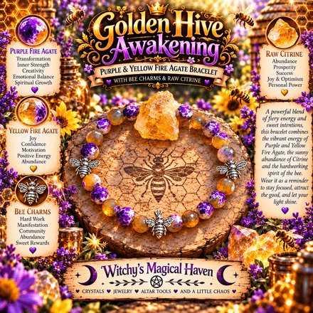 Golden Hive Awakening, Purple Yellow Fire Agate Bee Beaded Bracelet