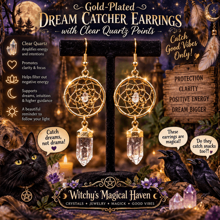Clear Quartz Point Gold Plated Dream Catcher Earrings