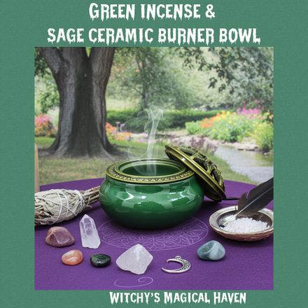 Green Ceramic Incense &amp; Sage Burner Bowl with Floral Lid