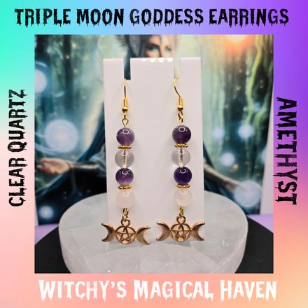 Triple Moon Goddess Amethyst, Clear Quartz and Rose Quartz Earrings