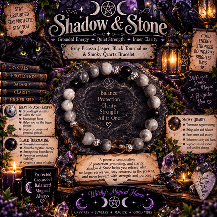 Shadow &amp; Stone, Gray Picasso Jasper, Black Tourmaline &amp; Smoky Quartz Bracelet