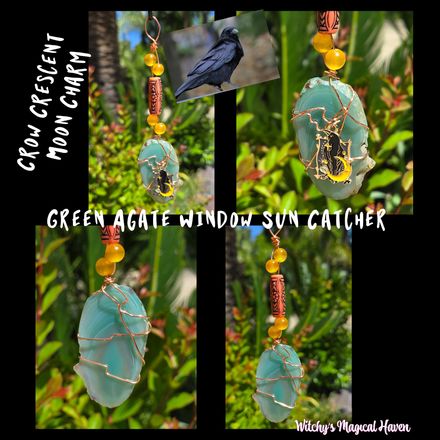 Green Agate Crow Crescent Moon Window Suncatcher