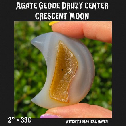 Hand-Carved Agate Crescent Moon with Druzy Center