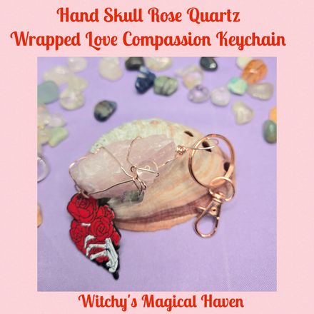 Rose Quartz Wire Wrapped Roses Skull Hand Charm Keychain Accessory