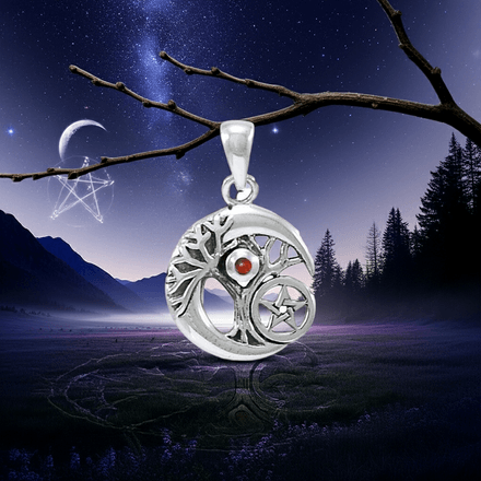 Crescent Moon Tree of Life Pentacle Garnet Pendant