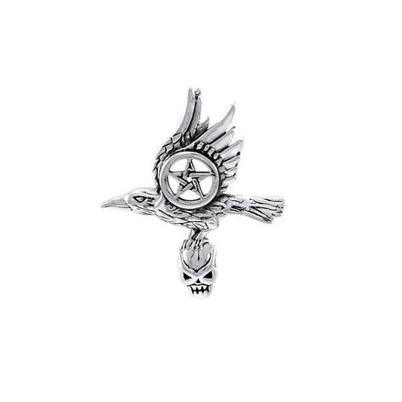 Raven Skull Pentacle Sterling Silver Pendant