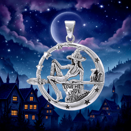 Witch on Broom with Cat Sterling Silver Pendant inscribed with Love Me Love my Broom