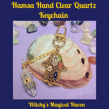 Hamsa Hand Clear Quartz Point Keychain