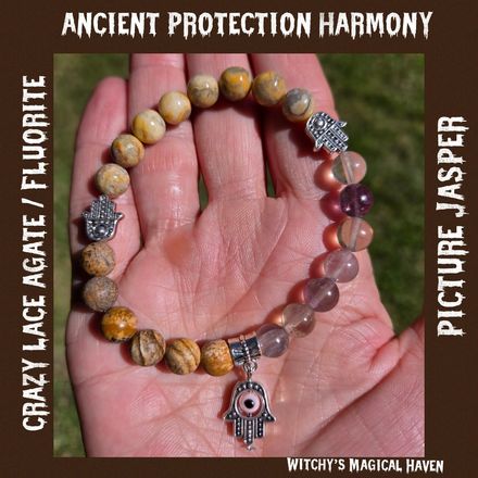Ancient Protection Harmony Gemstone Hamsa Hand, Evil Eye Bracelet