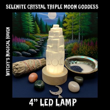 Selenite Crystal Tower 7-Color Changing LED Lamp etched with the Triple Moon Goddess