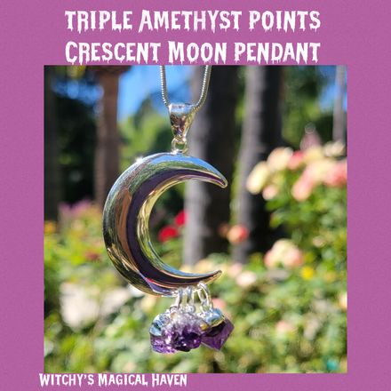 Triple Amethyst Crystal Point Crescent Moon Pendant