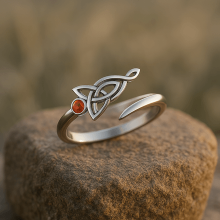 Celtic Motherhood Triquetra Sterling Silver Ring with Garnet, size 8