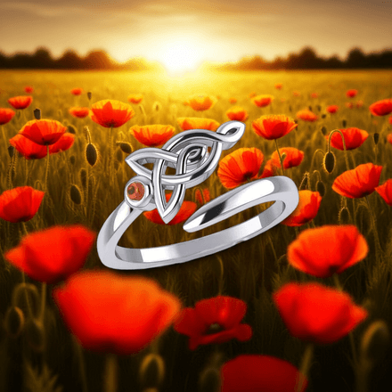 Celtic Motherhood Triquetra Sterling Silver Ring with Garnet, size 8
