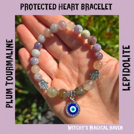 Plum Tourmaline, Lepidolite Protected Heart Gemstone Bracelet with Hamsa Hand and Evil Eye Charms