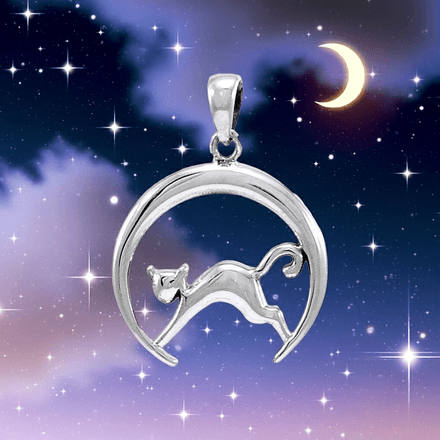 Crescent Moon Cat Sterling Silver Pendant