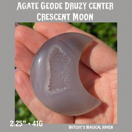 Agate Hand Carved Crescent Moon with Druzy Center