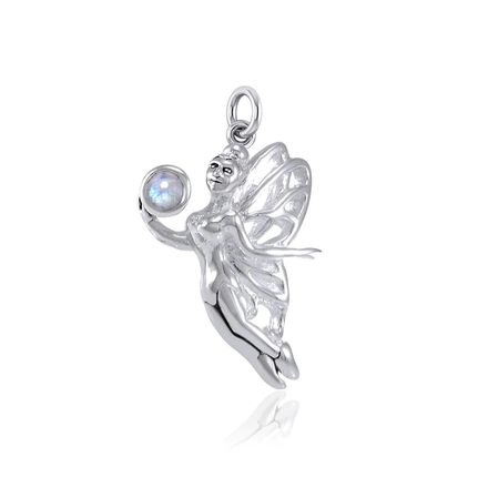 Enchanted Fairy Holding Moonstone Sterling Silver Pendant