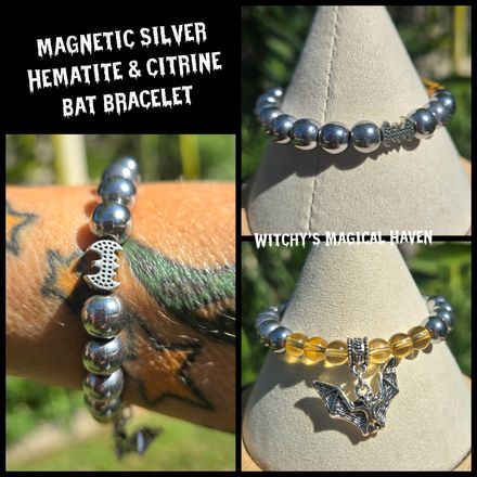 Magnetic Silver Hematite Citrine Gemstone Bracelet adorned with Bat Charms