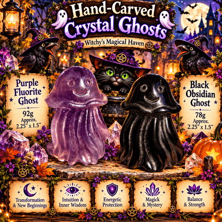 Hand-Carved Crystal Ghosts – Purple Fluorite &amp; Black Obsidian | Spooky Gemstone Figurines