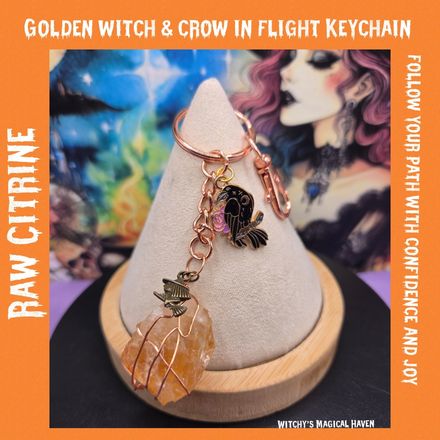 Golden Witch &amp; Crow in Flight Keychain