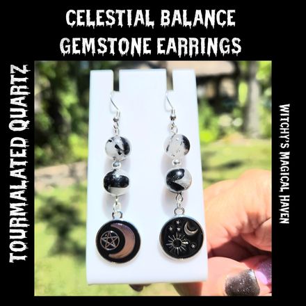 Tourmalated Quartz Earrings with Crescent Moon, Pentacle &amp; Sun Charms