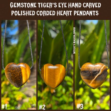 Tiger's Eye Gemstone Hand Carved Corded Heart Pendants
