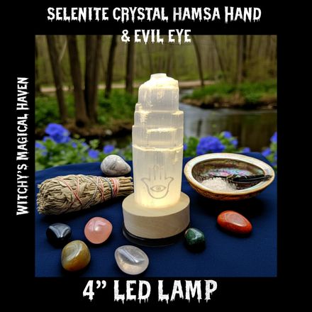 Selenite Crystal Tower 7-Color Changing LED Lamp etched with a Hamsa Hand and Evil Eye