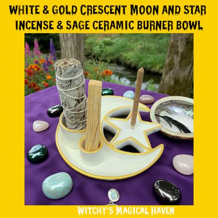 White and Gold Crescent Moon &amp; Star Ceramic Sage, Incense and Palo Santo Burner