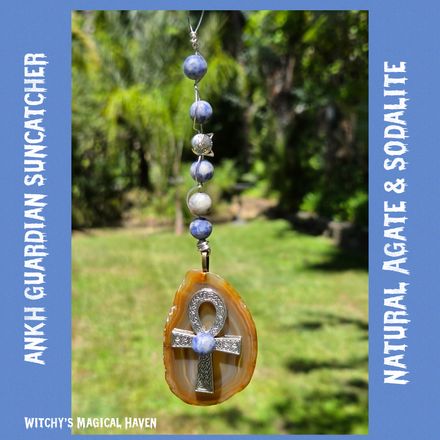 Ankh Guardian Natural Agate, Sodalite, Ankh and Cat Window Suncatcher