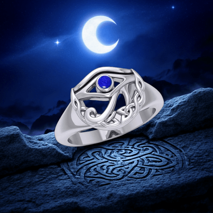 Eye of Horus Celtic Moon Lapis Lazuli Sterling Silver Ring, Sizes 6 and 8