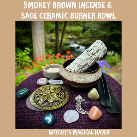Smokey Brown Ceramic Incense &amp; Sage Burner Bowl with Floral Lid